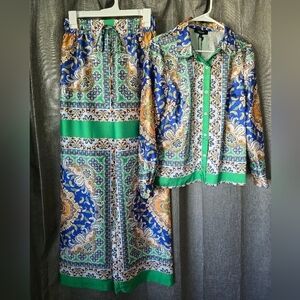 Julio Satin Set Green Scarf Print Button Down Top Wide Leg Pants Sz 4 Mexican